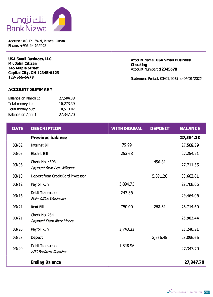 Download Omani Bank Nizwa firm statement Word and PDF template Photoshop template